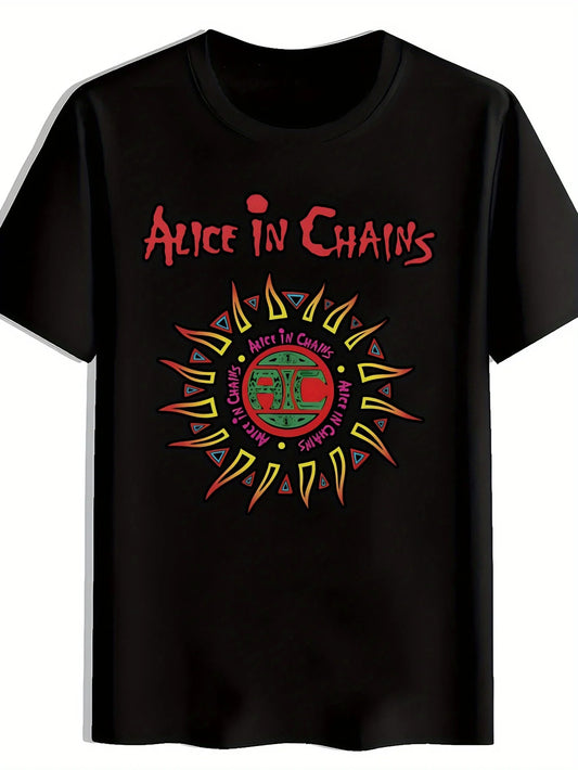 Men Retro Rock Band Graphic T-Shirt Short Sleeve Crew Neck Vibrant Print with Bold "ALICE IN CHAINS" Design Men Clothing