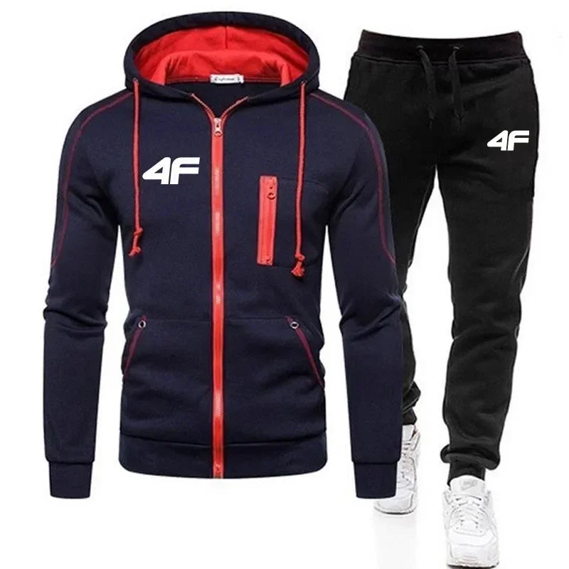 Thick and warm men's sportswear for the autumn and winter seasons. A one-piece set including a zipper-covered hooded sweatshirt