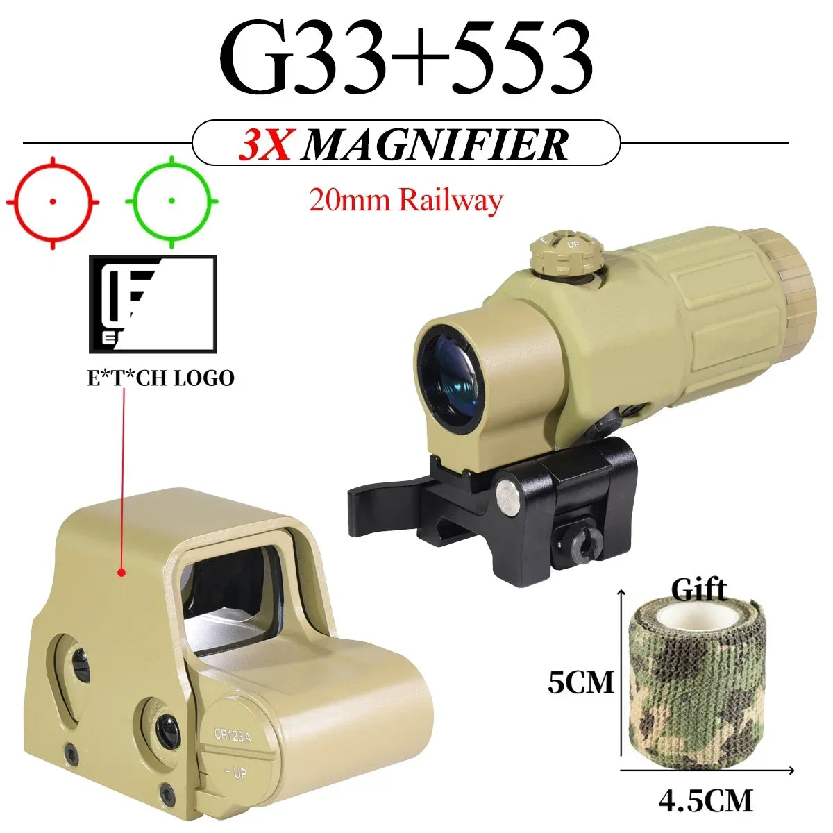 E*t*ch 558 551 G33 Red Dot Sight 3X Magnifier Holographic Flip Airsoft Optics Reflex Sights Scope Collimator Hunting Accessories