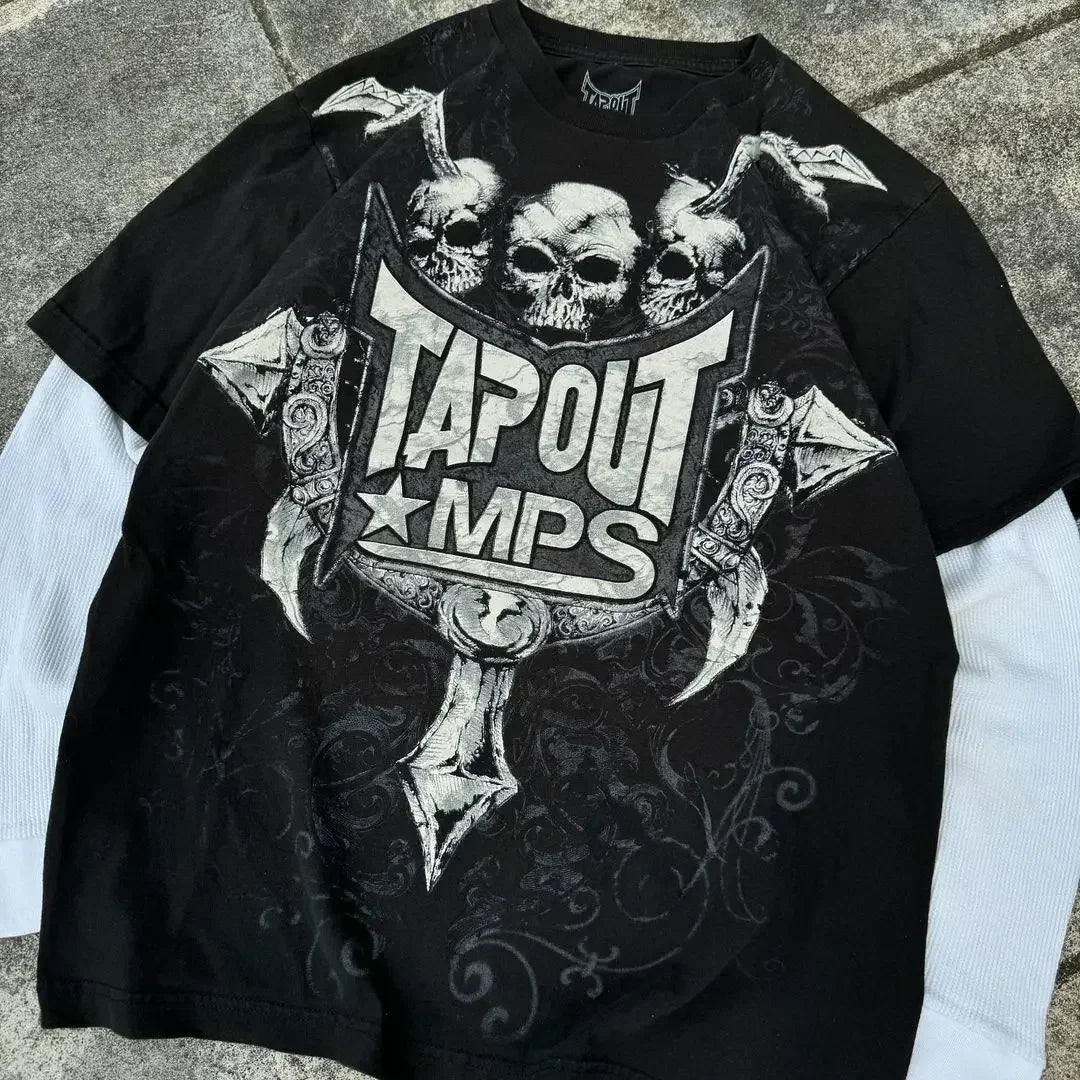 Europe And America New Oversize Long Sleeve Gothic Street Letter Printed T-shirt Men Retro Harajuku Hip Hop Loose Cotton Tops