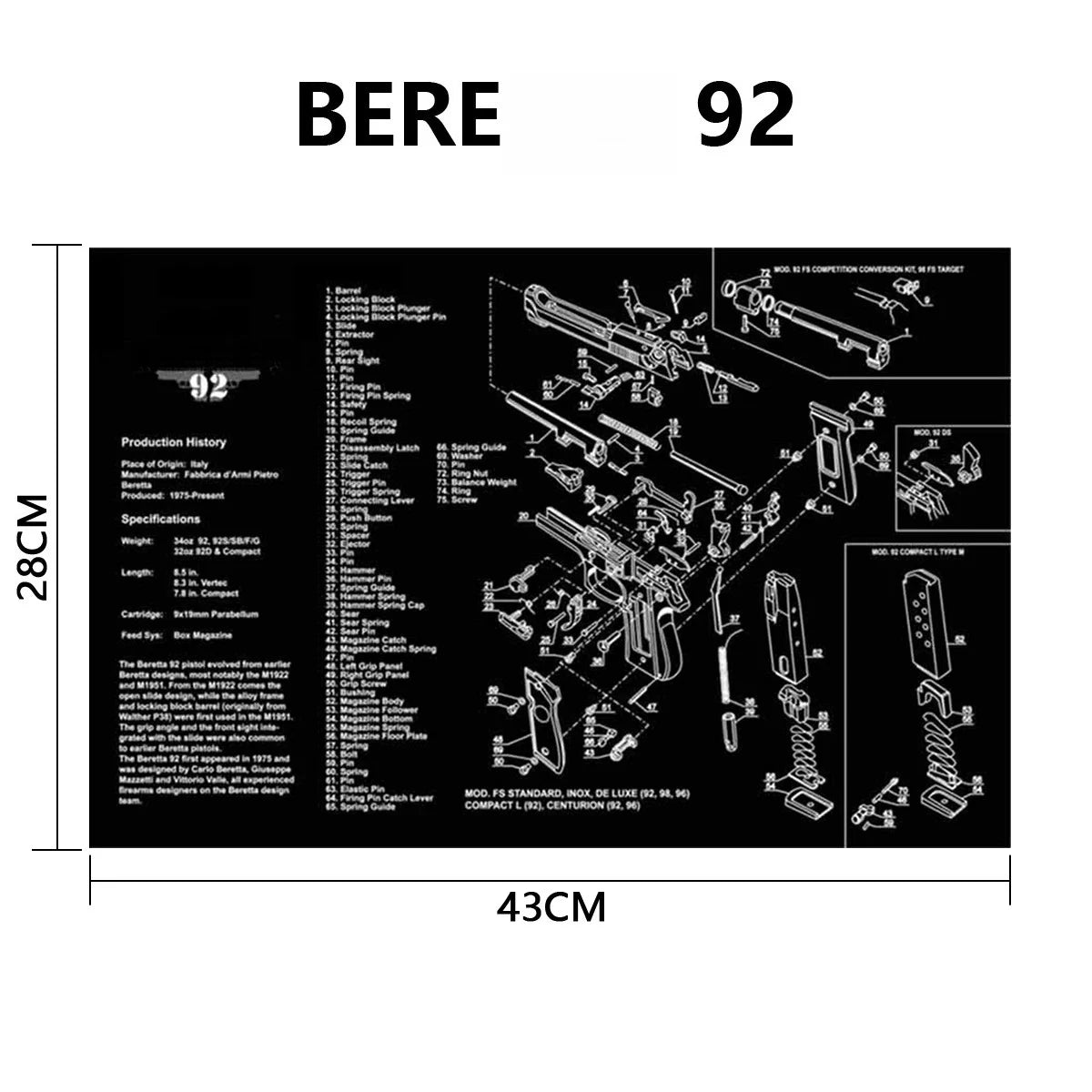 Gun Cleaning Rubber Mat Mouse Pad Parts Diagram For AR15 AK47 Remington 870 K98K MP5 G17 CZ-75 1911 Bere 92 PX4 Walther PPQ
