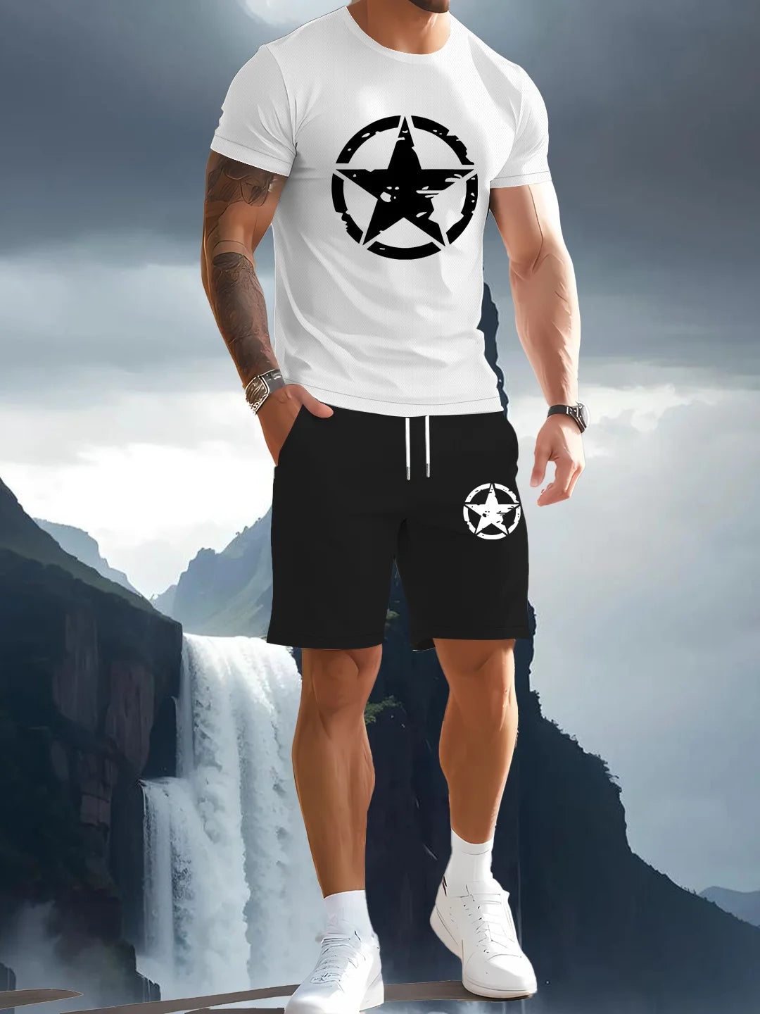 Men's summer T-shirt two-piece set with high-definition pattern printing, fashionable casual short sleeved sportswear