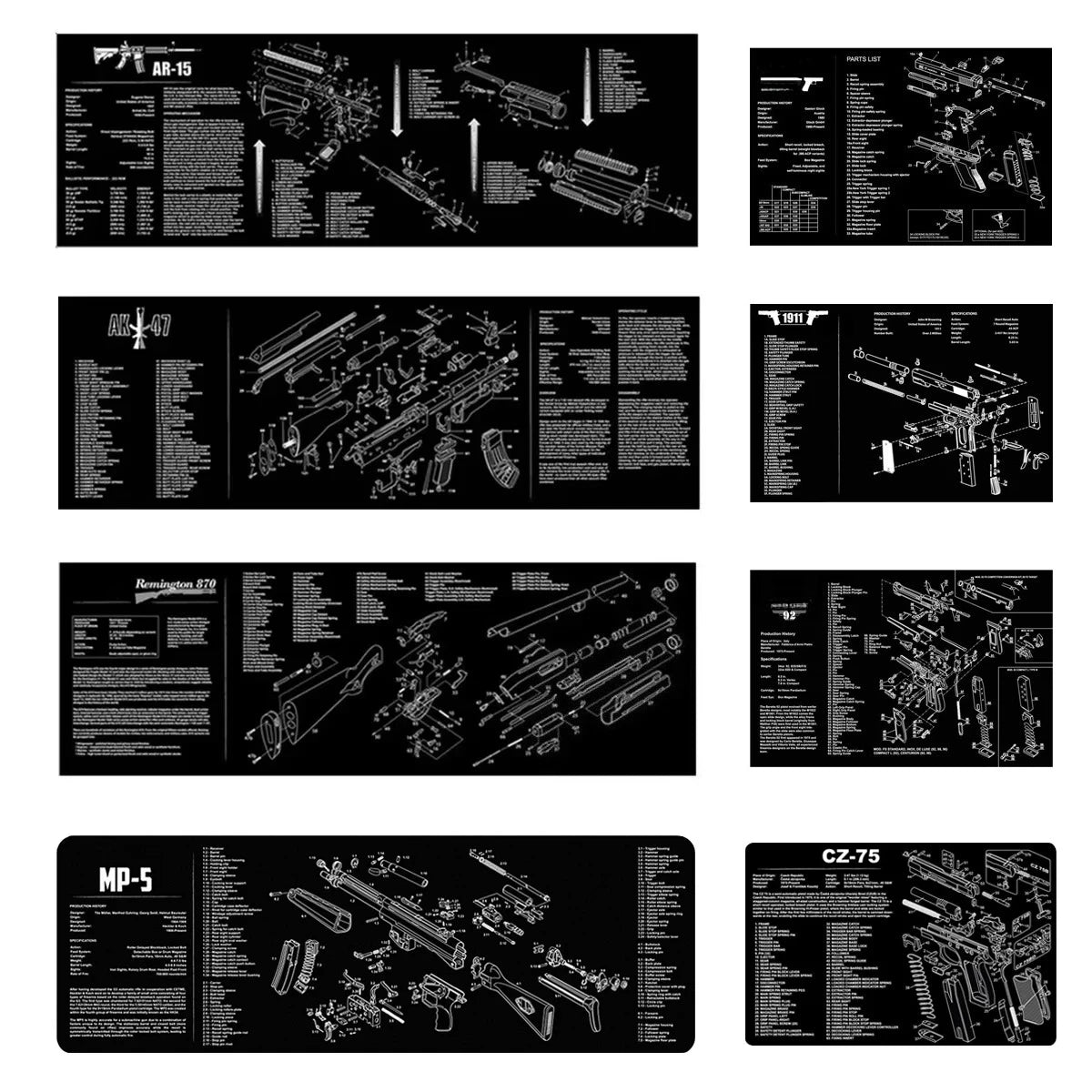 Gun Cleaning Rubber Mat Mouse Pad Parts Diagram For AR15 AK47 Remington 870 K98K MP5 G17 CZ-75 1911 Bere 92 PX4 Walther PPQ