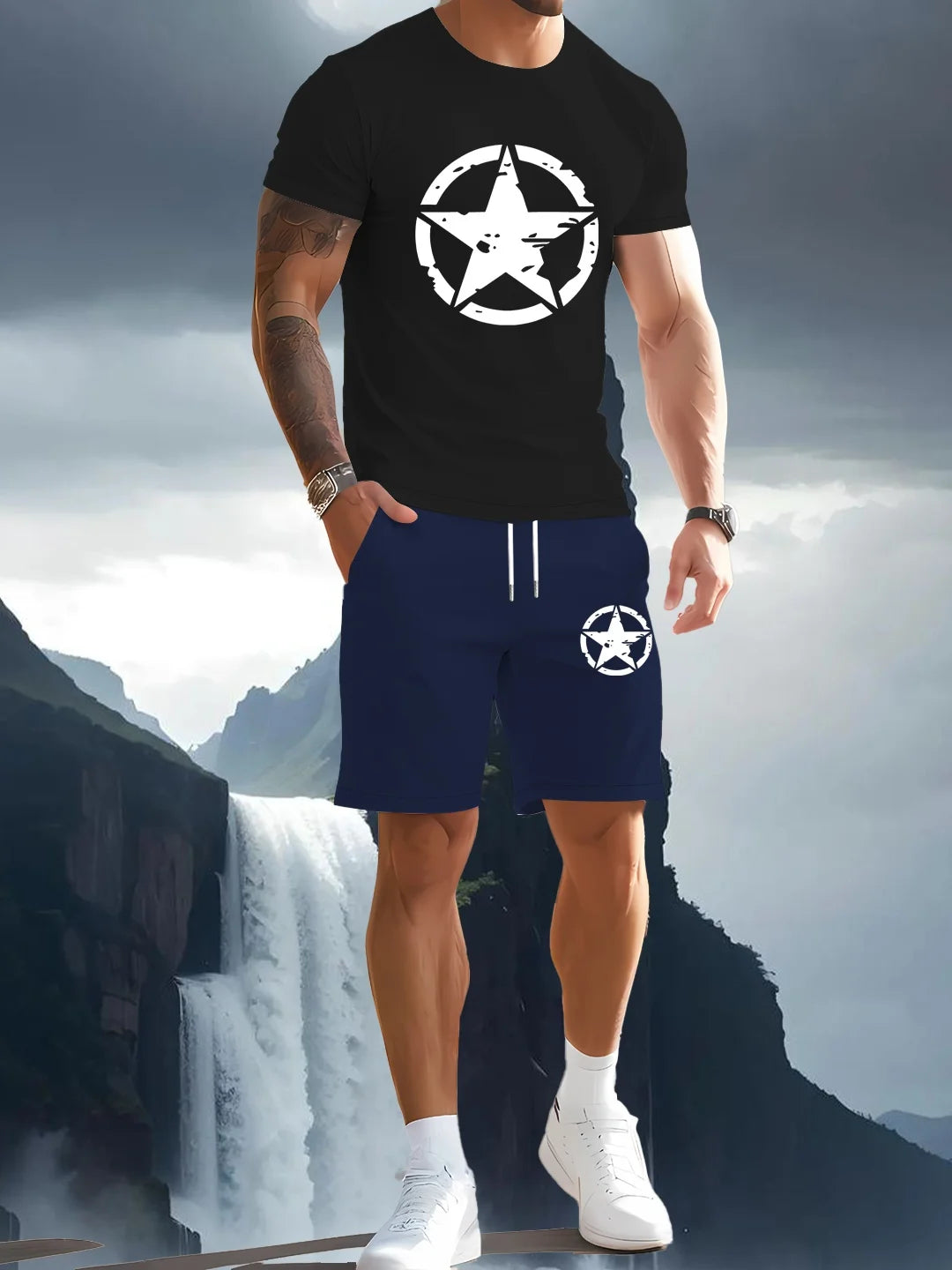 Men's summer T-shirt two-piece set with high-definition pattern printing, fashionable casual short sleeved sportswear