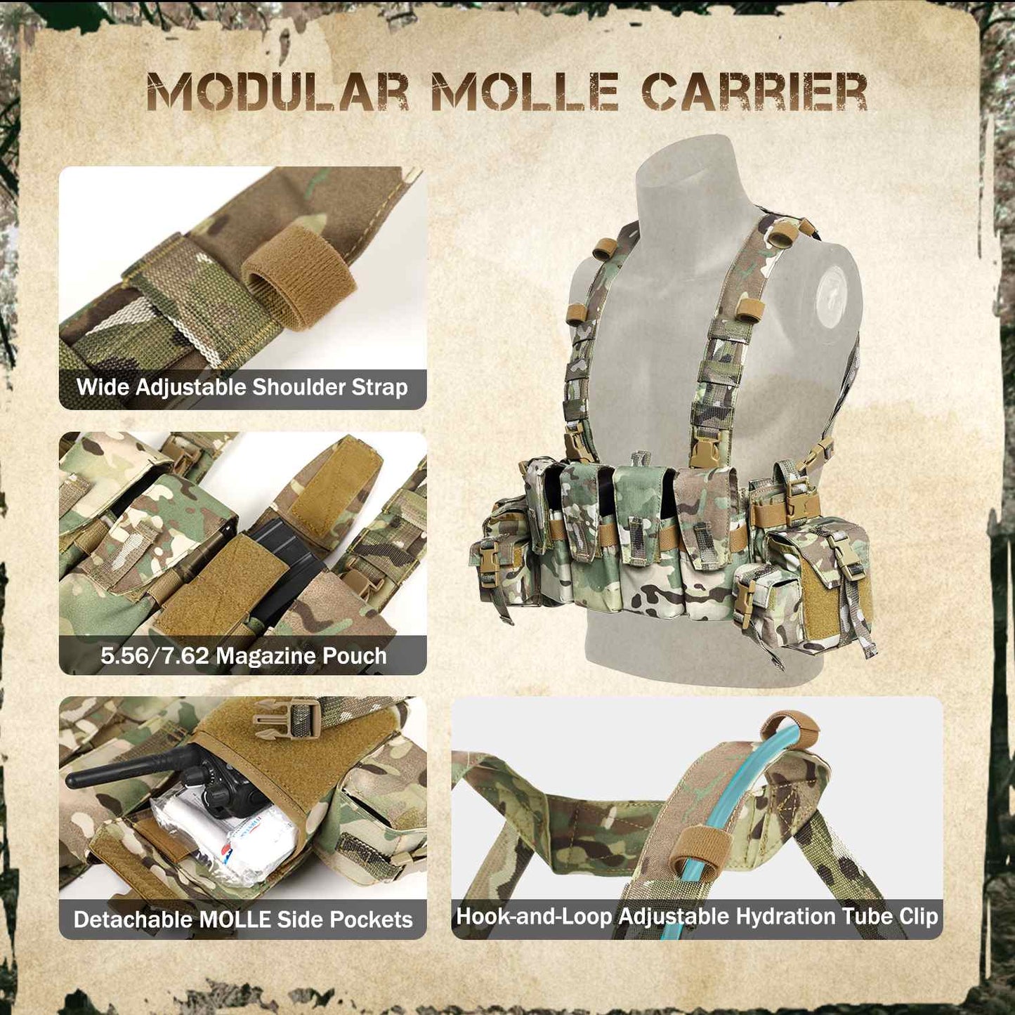 Votagoo Tactical Chest Rig with 5.56/7.62 Magazine Pouches & Detachable MOLLE System-3