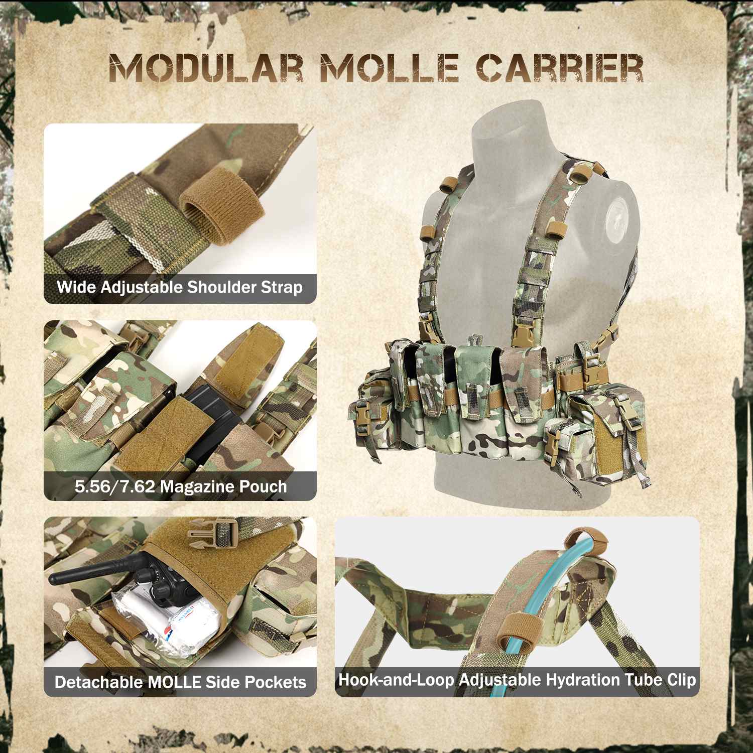 Votagoo Tactical Chest Rig with 5.56/7.62 Magazine Pouches & Detachable MOLLE System-3