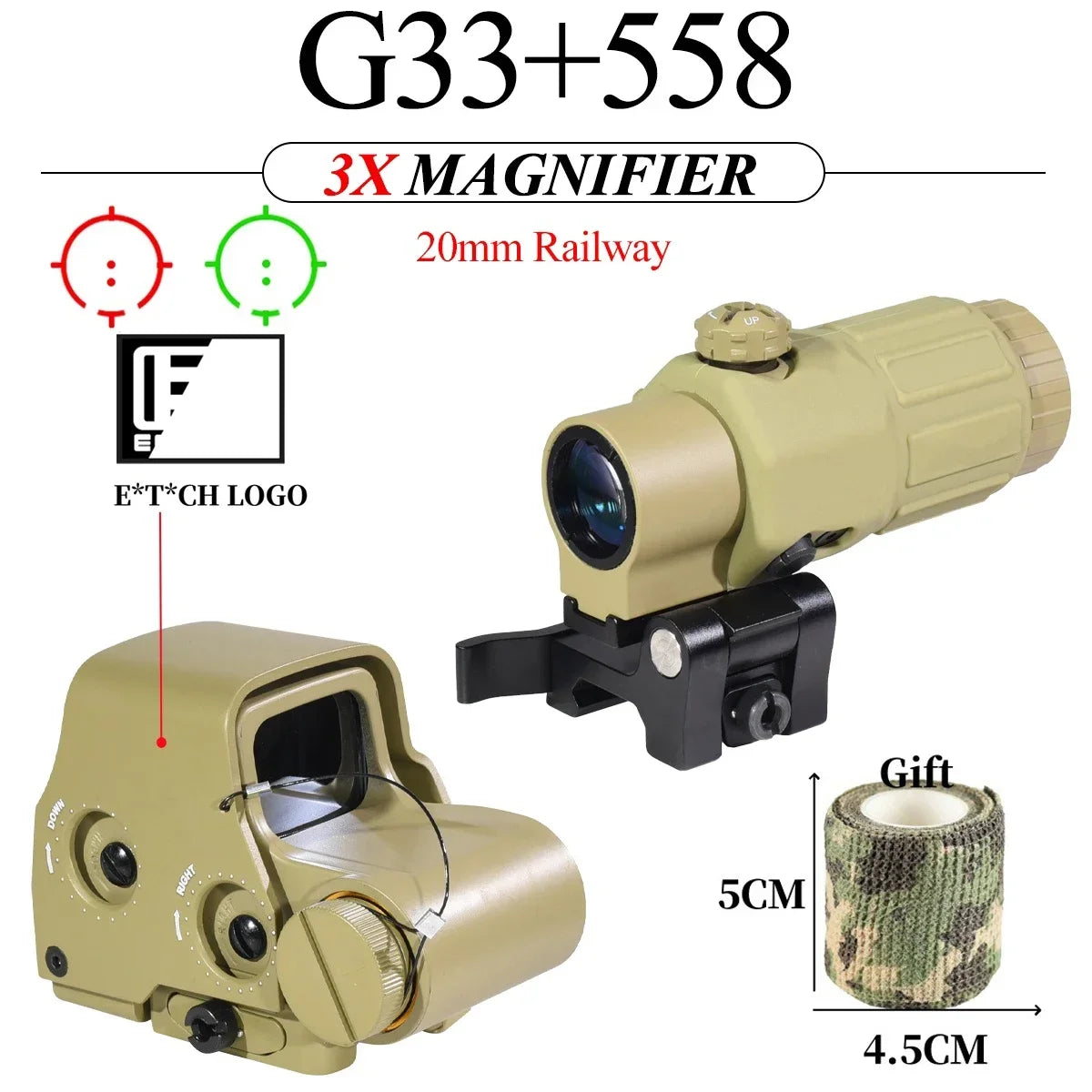 E*t*ch 558 551 G33 Red Dot Sight 3X Magnifier Holographic Flip Airsoft Optics Reflex Sights Scope Collimator Hunting Accessories