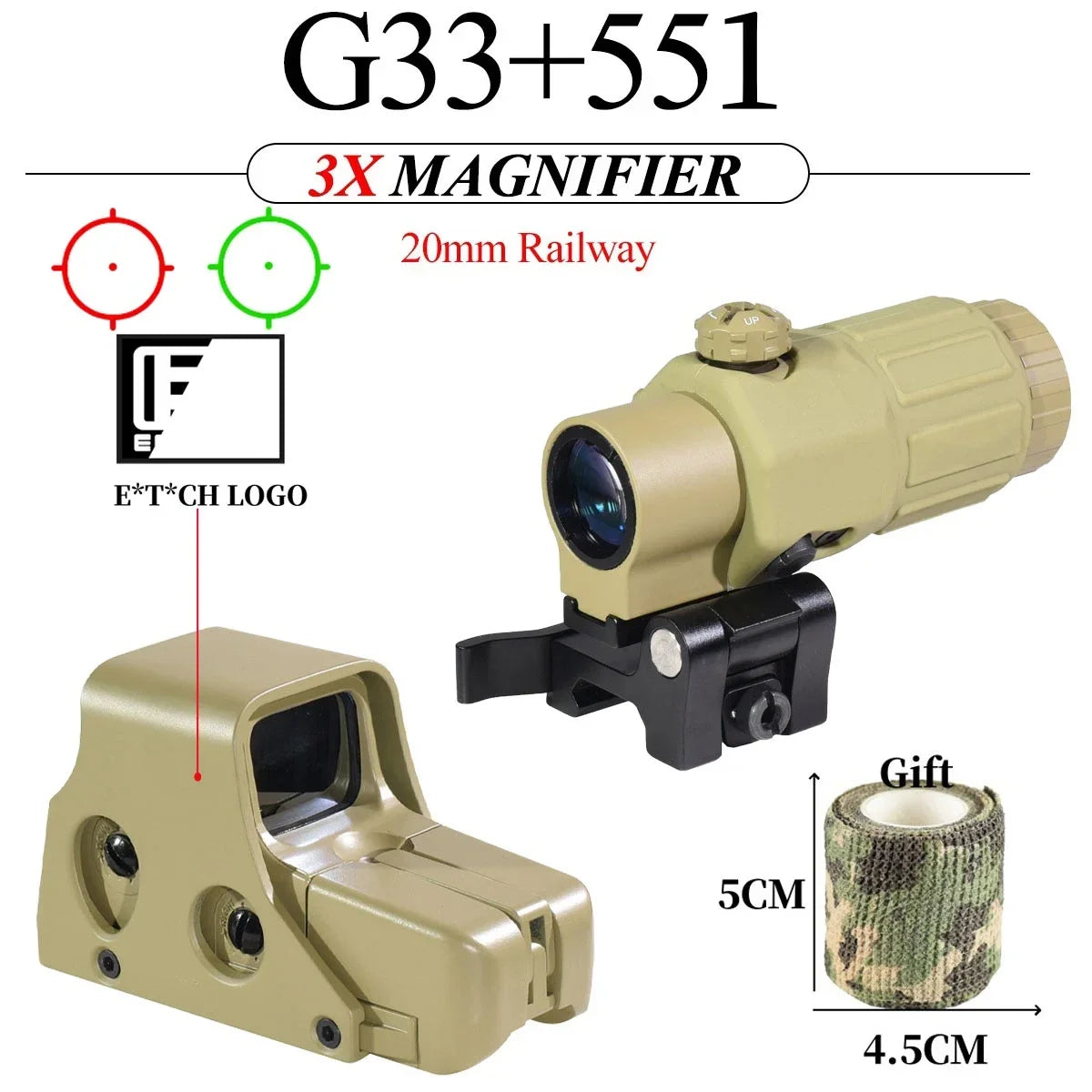 E*t*ch 558 551 G33 Red Dot Sight 3X Magnifier Holographic Flip Airsoft Optics Reflex Sights Scope Collimator Hunting Accessories