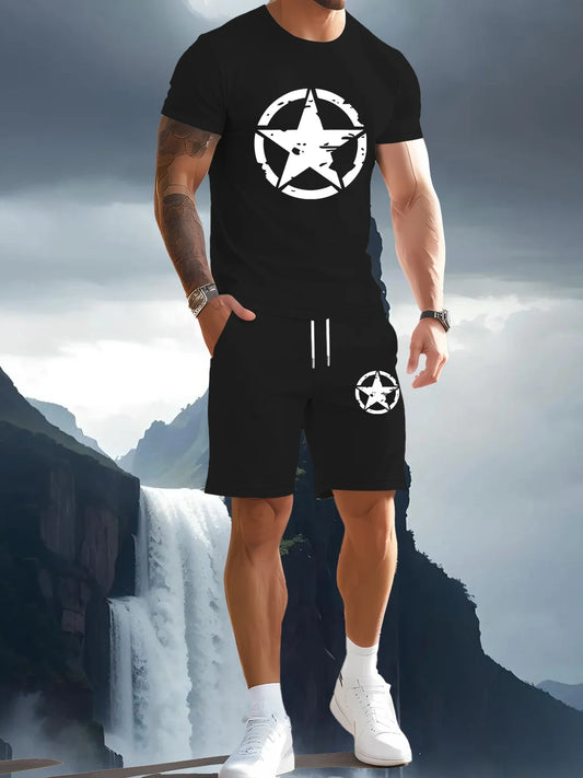 Men's summer T-shirt two-piece set with high-definition pattern printing, fashionable casual short sleeved sportswear