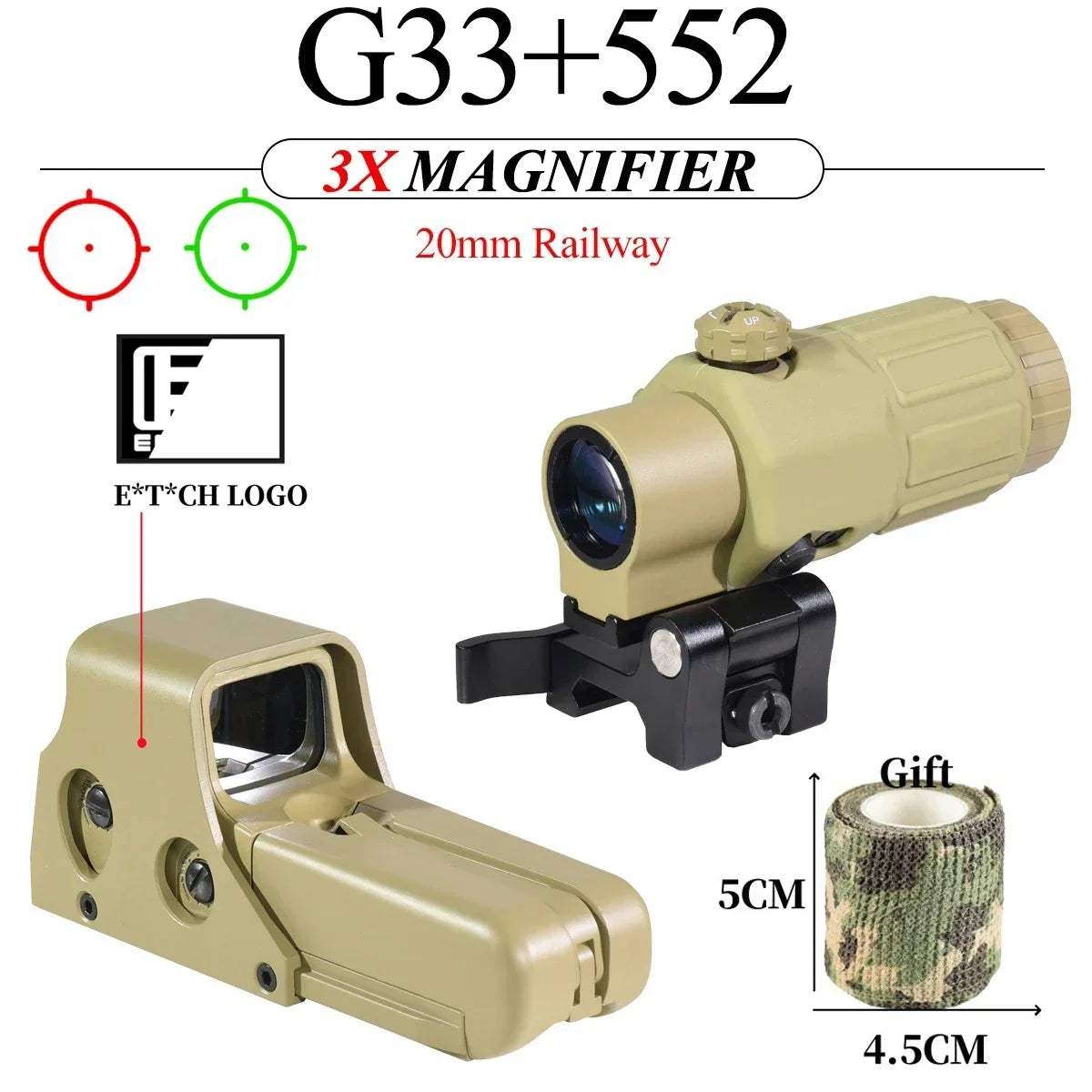 E*t*ch 558 551 G33 Red Dot Sight 3X Magnifier Holographic Flip Airsoft Optics Reflex Sights Scope Collimator Hunting Accessories