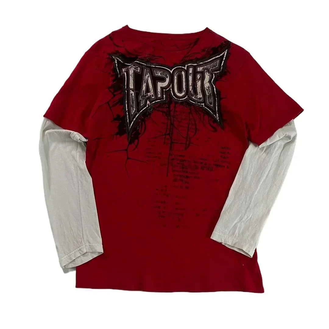 Europe And America New Oversize Long Sleeve Gothic Street Letter Printed T-shirt Men Retro Harajuku Hip Hop Loose Cotton Tops