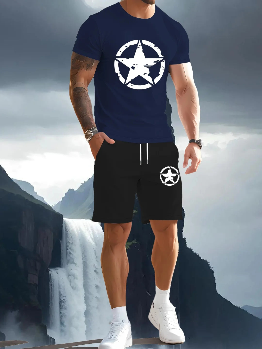 Men's summer T-shirt two-piece set with high-definition pattern printing, fashionable casual short sleeved sportswear