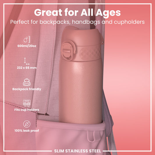 Leak Proof Slim Water Bottle, Stainless Steel, Ash Rose, 600ml (20oz)