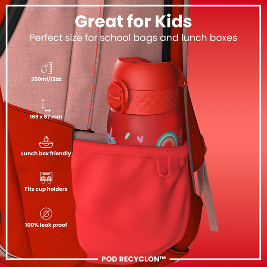 Leak Proof Kids Water Bottle, Recyclon, Red Unicorns, 350ml (12oz)