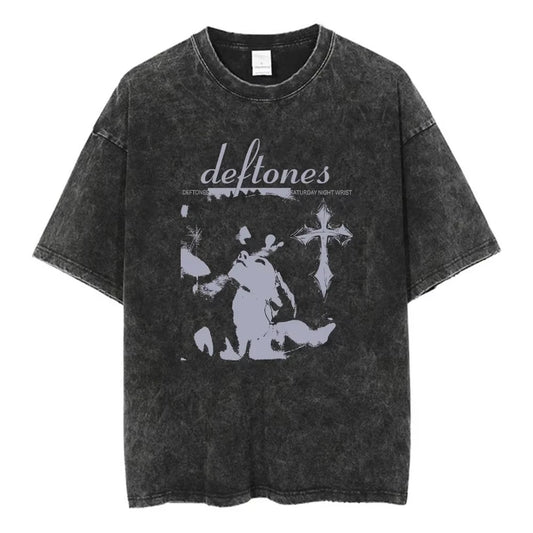 Y2K Wash and Age Vintage T-shirt Harajuku Hip Hop Hip Hop Metal Rock Music Album Cover T-shirt Cotton Short Sleeve Tee Men's Top