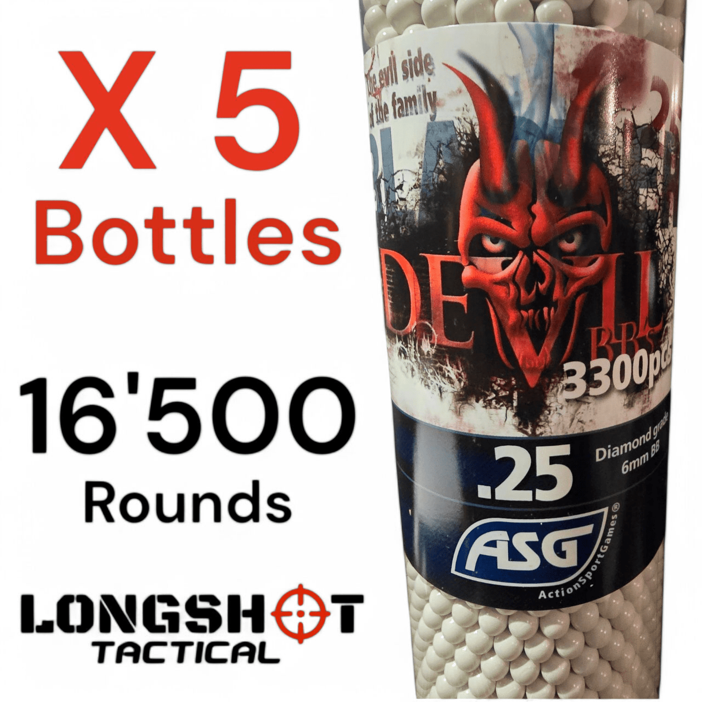 Blaster Devil, 0.25g, airsoft BBs, 3300 pcs. bottle — 5 Bottles (16500 BB's)