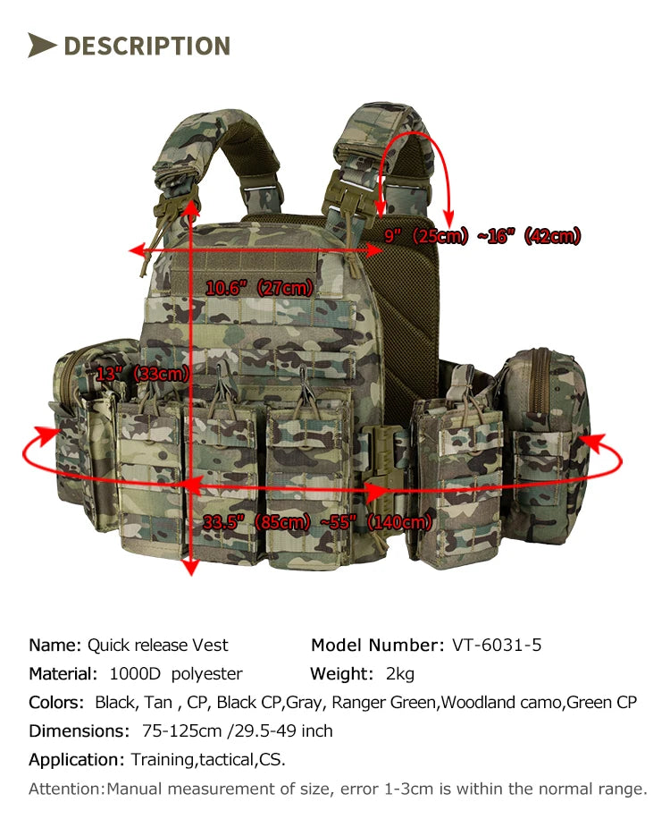 YAKEDA 6094 Tactical Vest Outdoor Hunting Plate Carrier,Quick Release Protective Adjustable Vest Airsoft Carrier