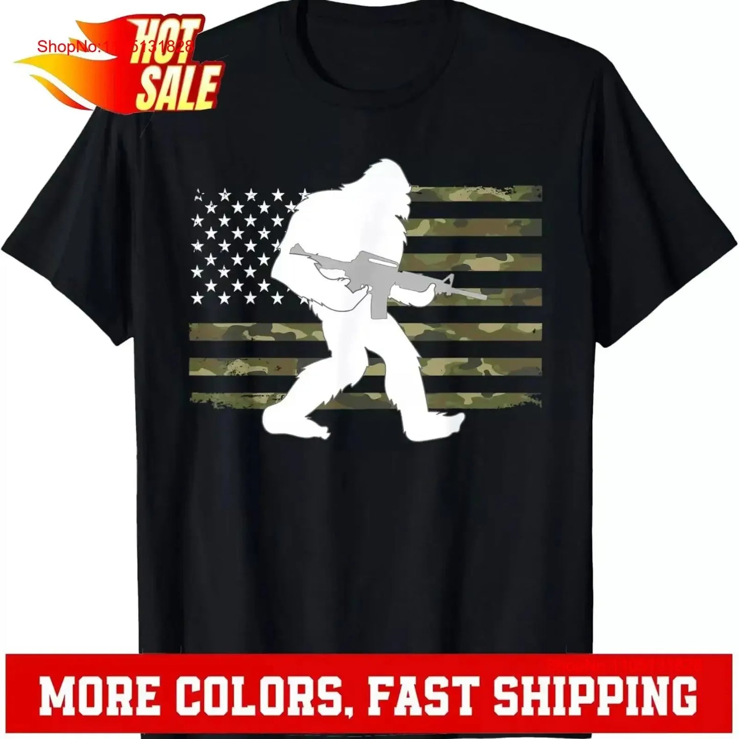 Bigfoot Gun Owner Camo US American Flag Sasquatch AR15 Rifle T Shirt vintage Washed Slightly Stretched Breathable Soft Unisex