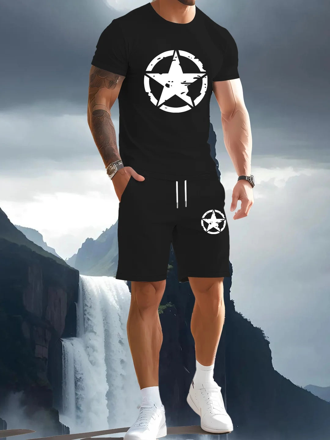 Men's summer T-shirt two-piece set with high-definition pattern printing, fashionable casual short sleeved sportswear
