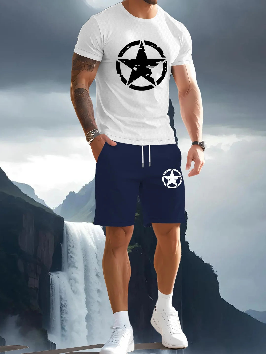 Men's summer T-shirt two-piece set with high-definition pattern printing, fashionable casual short sleeved sportswear