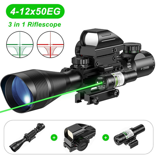 4-12x50EG Tactical 3 in 1 Scopes Red Green Laser Sight Airsoft Rifle Combo