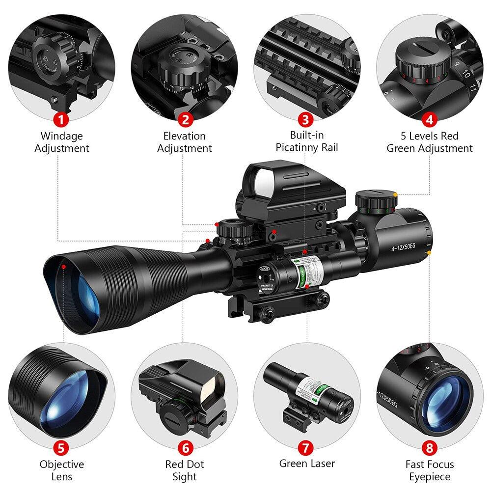 4-12x50EG Tactical 3 in 1 Scopes Red Green Laser Sight Airsoft Rifle Combo