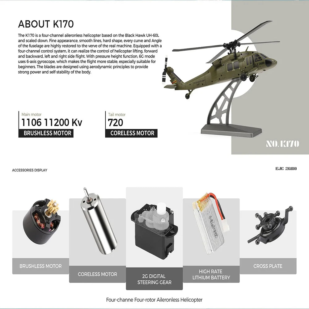 WLtoys | K170 Black Hawk 6 Axis Gyroscope 4Ch Optical Flow RC Helicopter