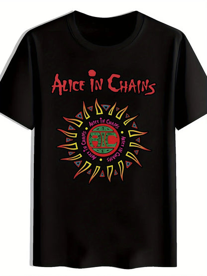 Men Retro Rock Band Graphic T-Shirt Short Sleeve Crew Neck Vibrant Print with Bold "ALICE IN CHAINS" Design Men Clothing