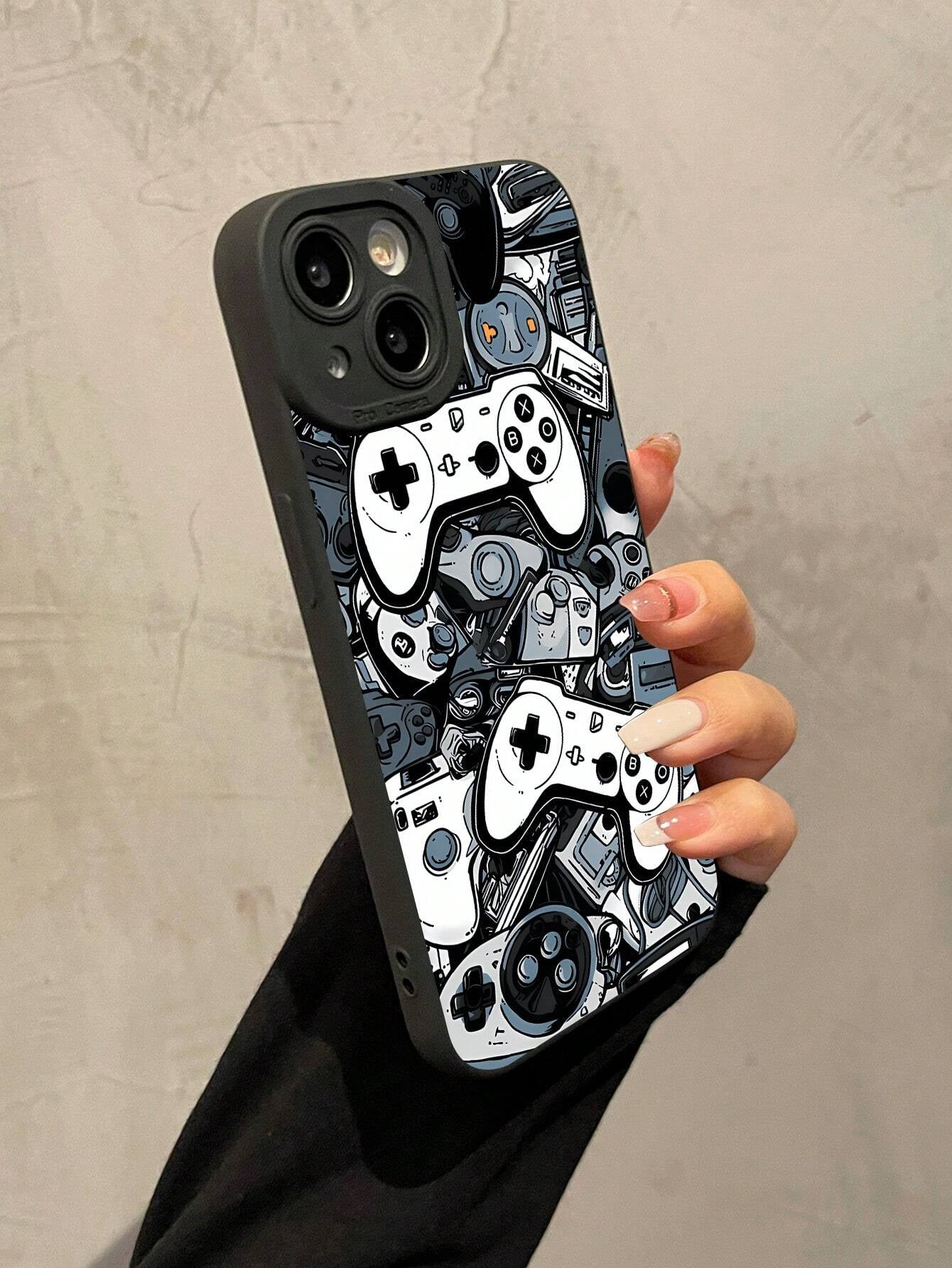 1Pc Black Game Console Pattern Full Protective TPU Anti-Drop Phone Case Compatible with Apple 16 15 14 13 12 11 Pro Max & Samsung Phones