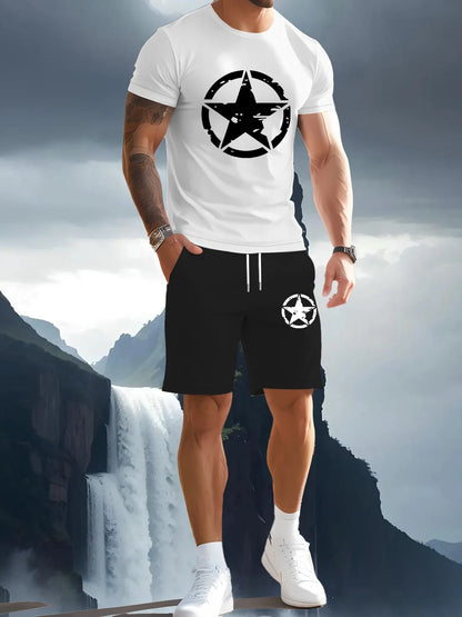 Men's summer T-shirt two-piece set with high-definition pattern printing, fashionable casual short sleeved sportswear