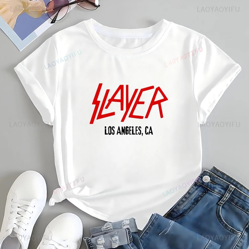 Streetwear: Slayer Band Printed T-shirt Top, Trendy Harajuku Short-sleeved Shirt for Both Men and Women, Patterned Large T-shirt