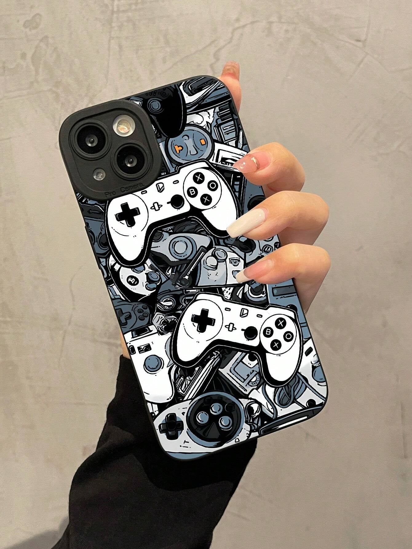 1Pc Black Game Console Pattern Full Protective TPU Anti-Drop Phone Case Compatible with Apple 16 15 14 13 12 11 Pro Max & Samsung Phones