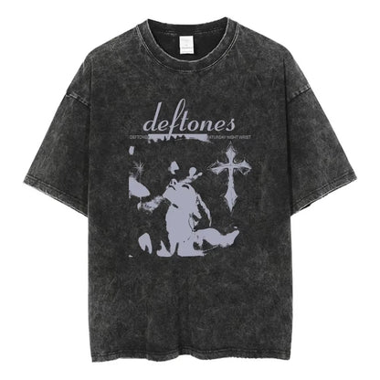 Y2K Wash and Age Vintage T-shirt Harajuku Hip Hop Hip Hop Metal Rock Music Album Cover T-shirt Cotton Short Sleeve Tee Men's Top