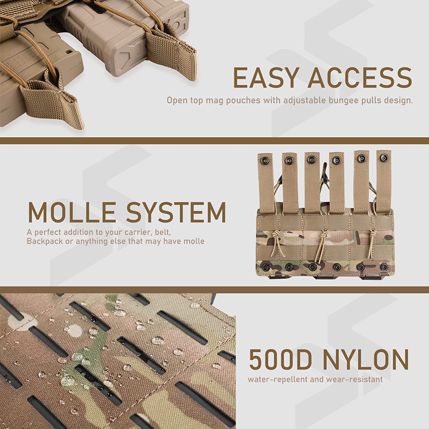 Tactical Molle Mag Pouch, Single Double Triple Nylon 5.56mm 7.62mm Open Top Rifle Magazine Holder for AR-15 M4 M14 M16 G36 HK416-2