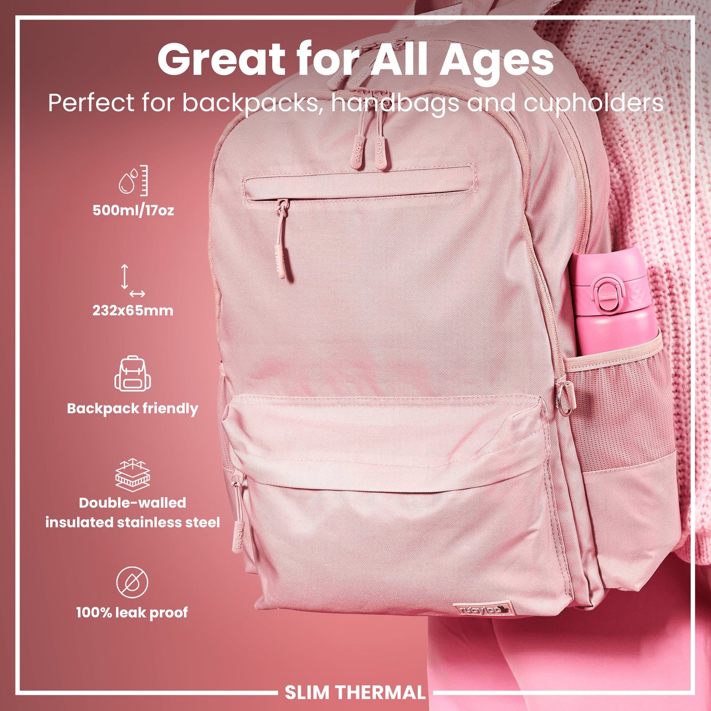 Leak Proof Slim Thermal Steel Water Bottle, Insulated, Rose Bloom, 500ml (17oz)