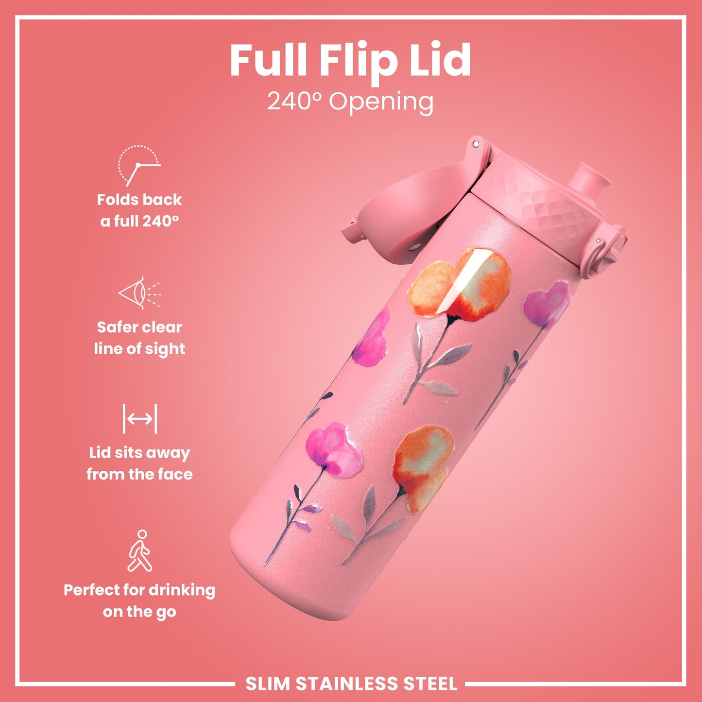 Leak Proof Slim Water Bottle, Stainless Steel, Flowers, 600ml (20oz)