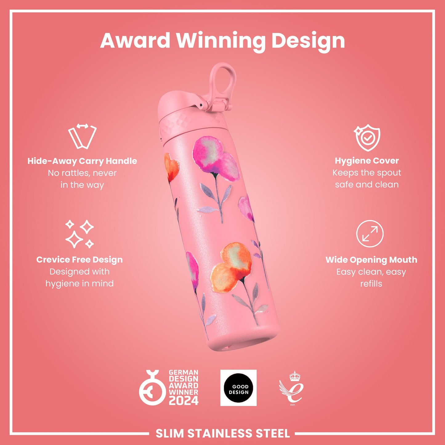 Leak Proof Slim Water Bottle, Stainless Steel, Flowers, 600ml (20oz)