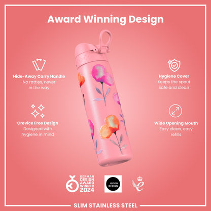 Leak Proof Slim Water Bottle, Stainless Steel, Flowers, 600ml (20oz)
