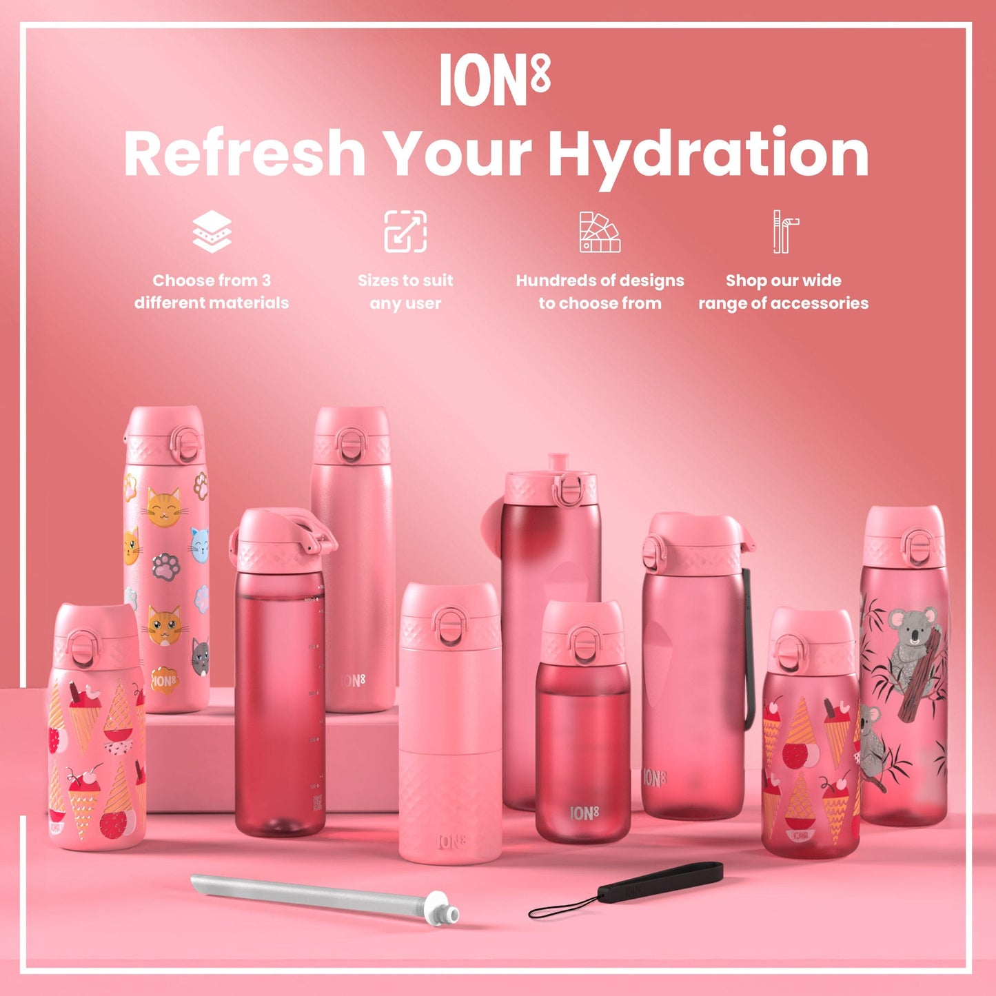 Leak Proof Slim Water Bottle, Stainless Steel, Flowers, 600ml (20oz)