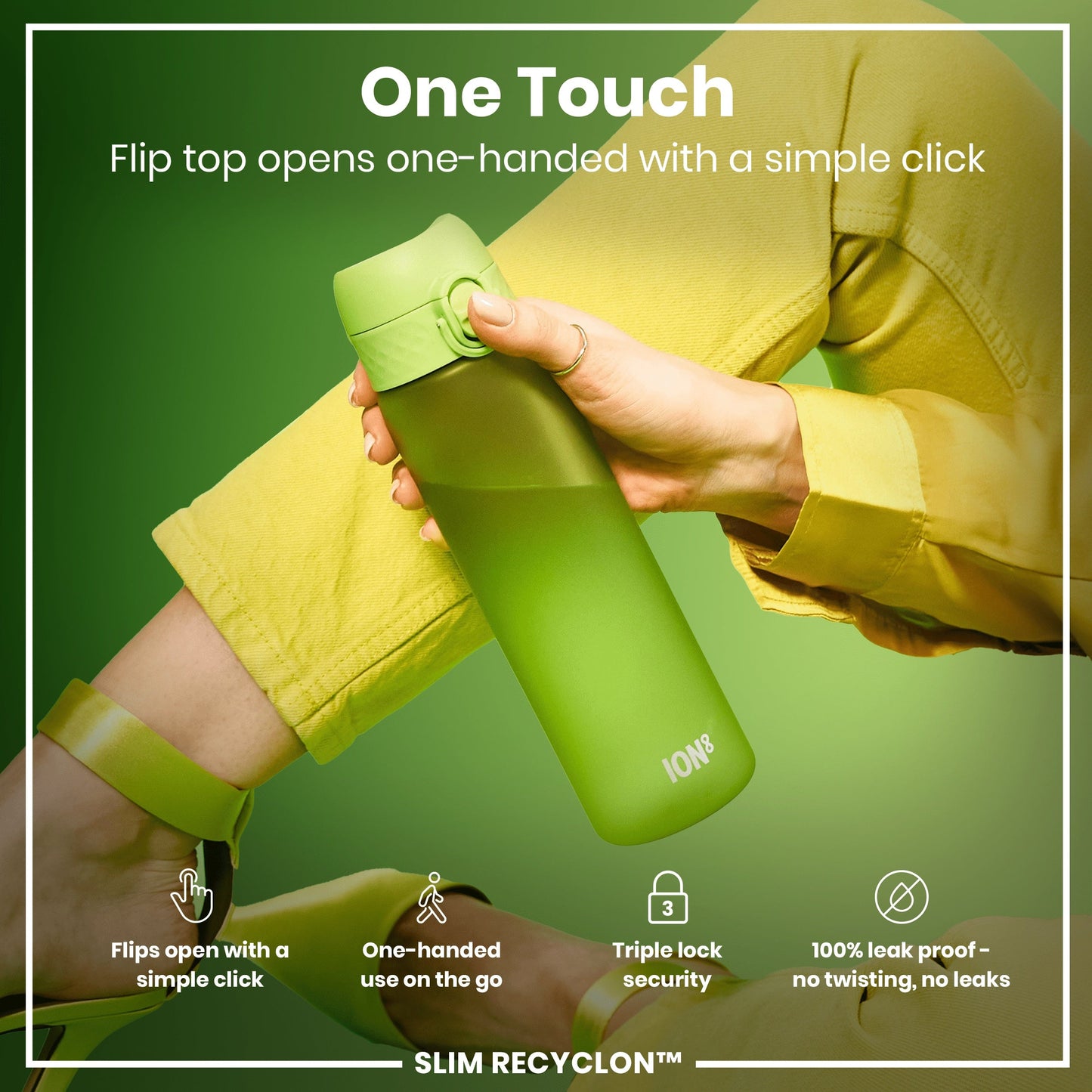 Leak Proof Slim Water Bottle, Recyclon, Green, 500ml (18oz)