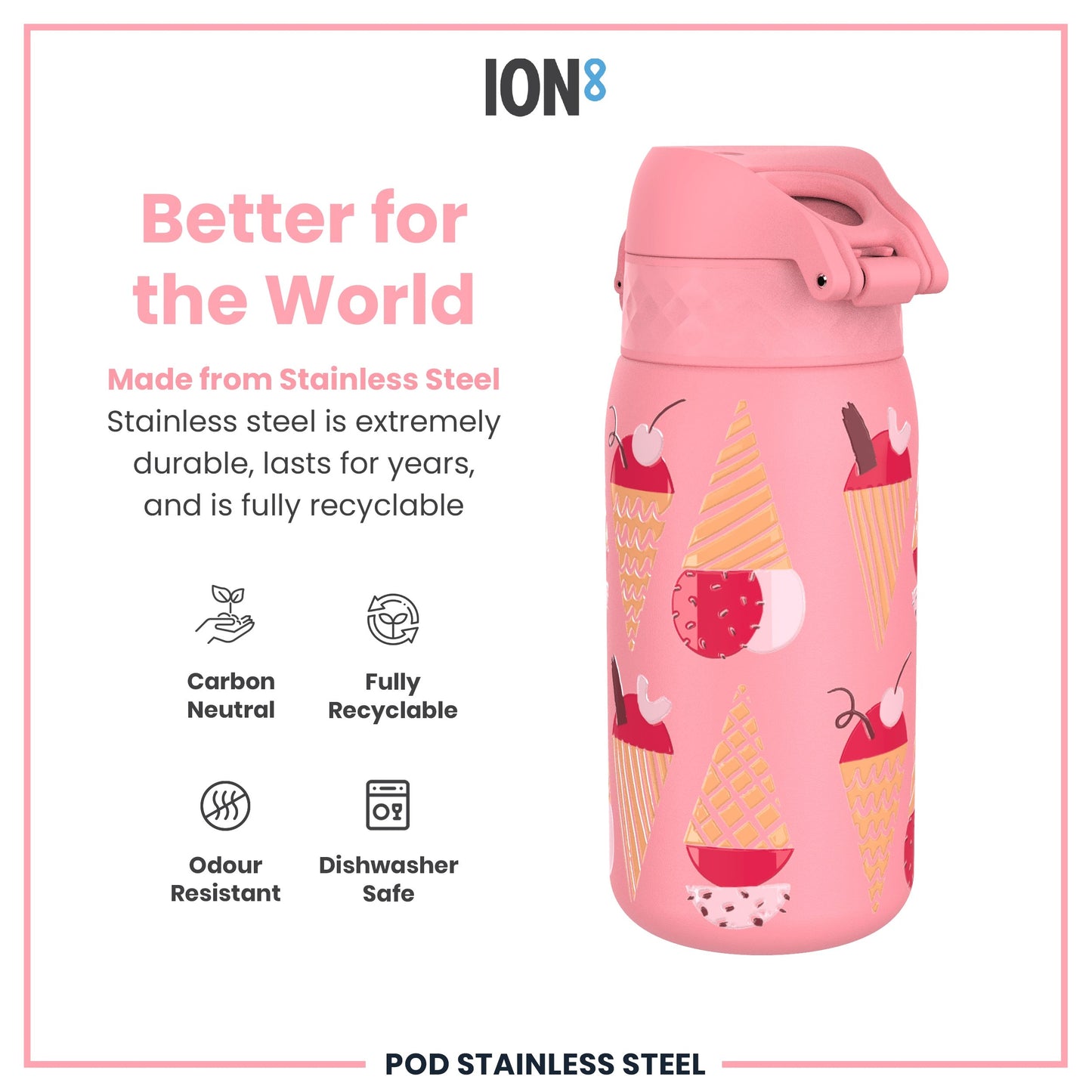 Leak Proof Kids Water Bottle, Stainless Steel, Ice Creams, 400ml (13oz)