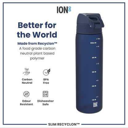 Leak Proof Slim Water Bottle, Recyclon, Navy, 500ml (18oz)