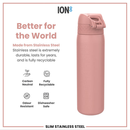 Leak Proof Slim Water Bottle, Stainless Steel, Ash Rose, 600ml (20oz)