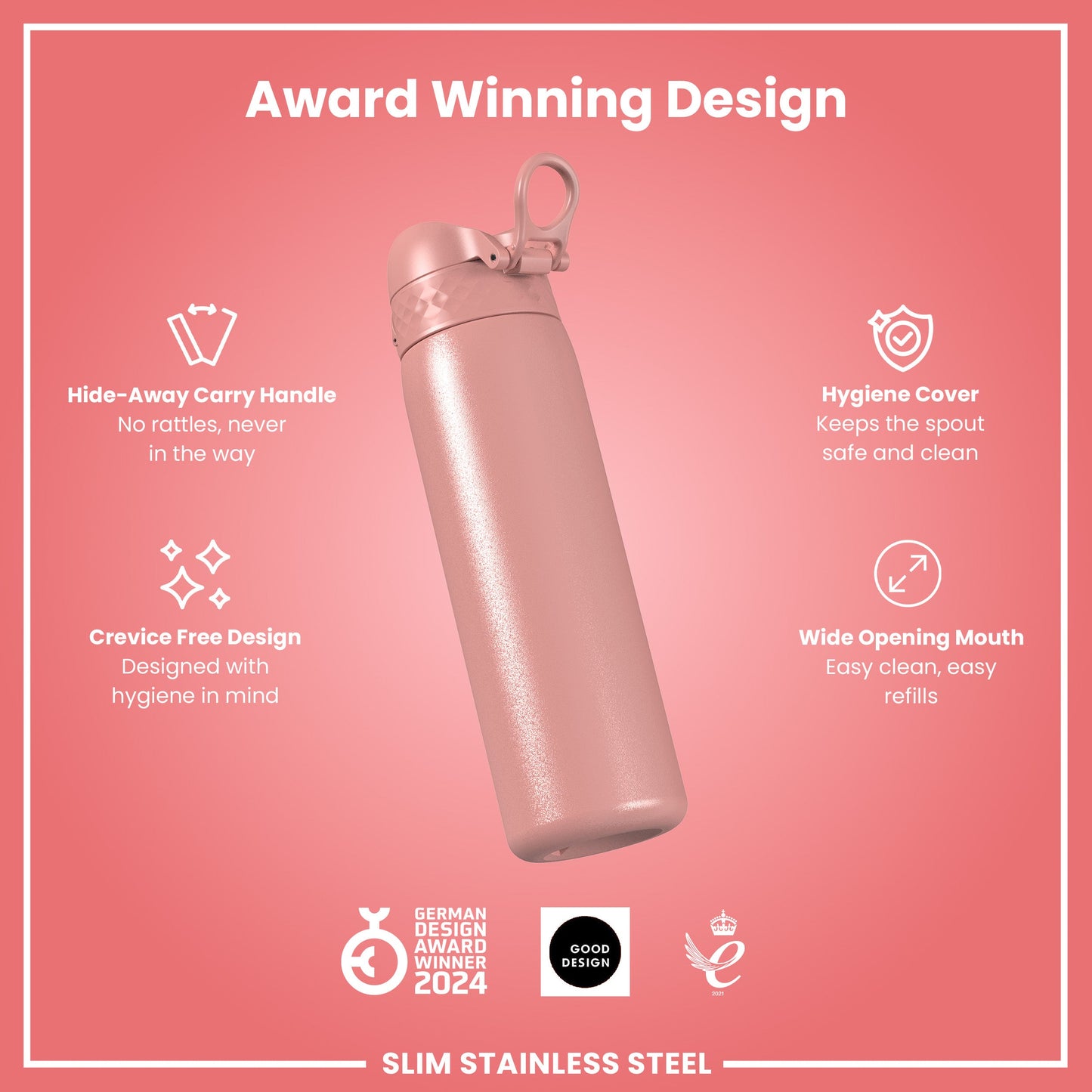 Leak Proof Slim Water Bottle, Stainless Steel, Ash Rose, 600ml (20oz)