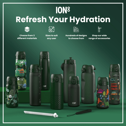 Leak Proof Slim Water Bottle, Stainless Steel, Dark Green, 600ml (20oz)