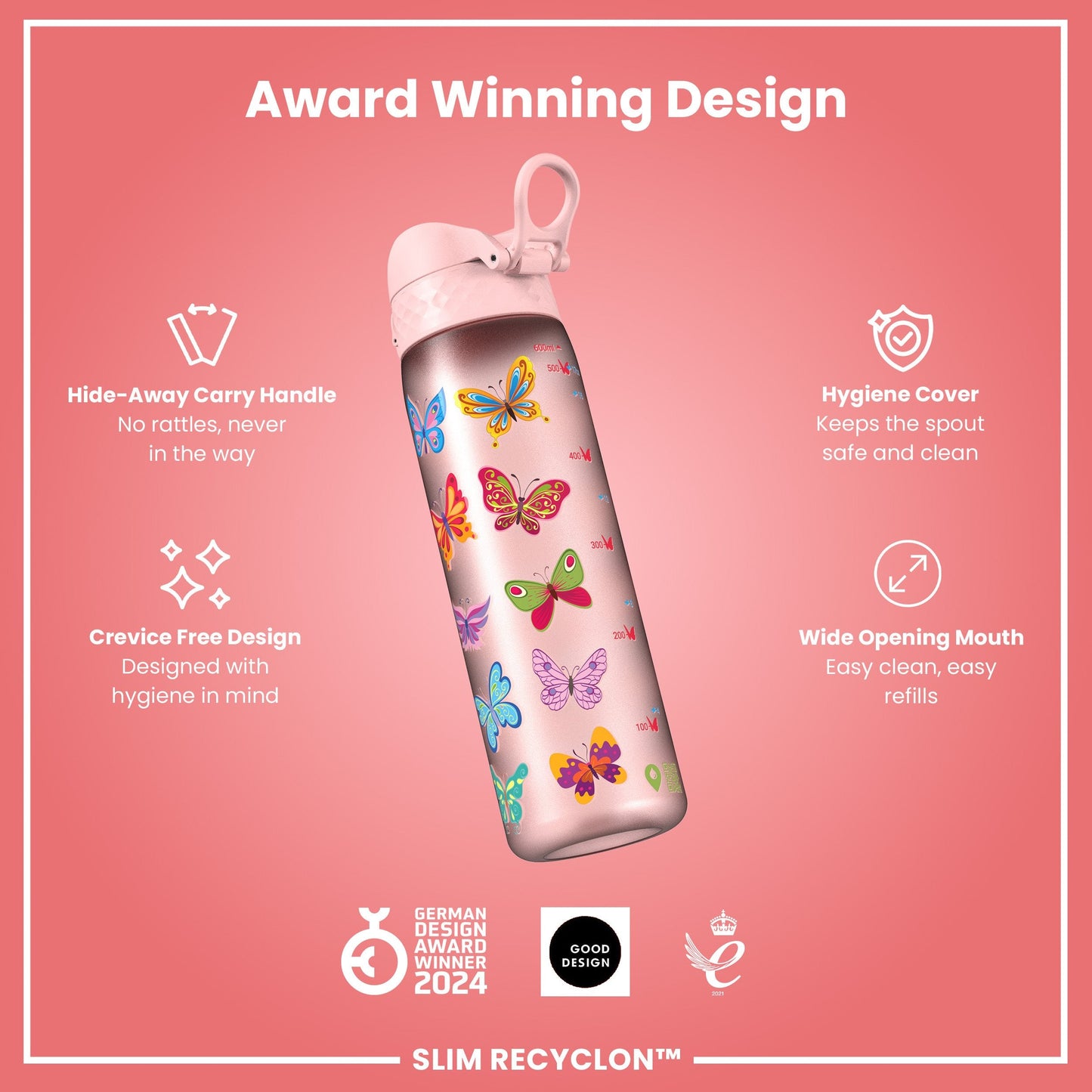 Leak Proof Slim Water Bottle, Recyclon, Butterfly, 500ml (18oz)