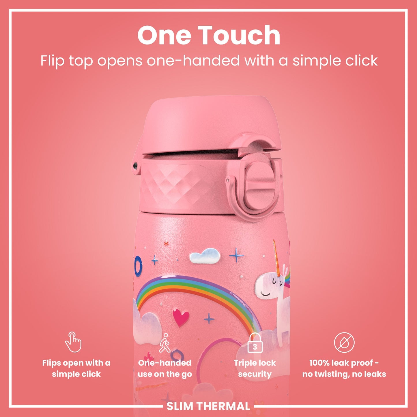 Leak Proof Slim Thermal Steel Water Bottle, Insulated, Unicorn, 500ml (17oz)