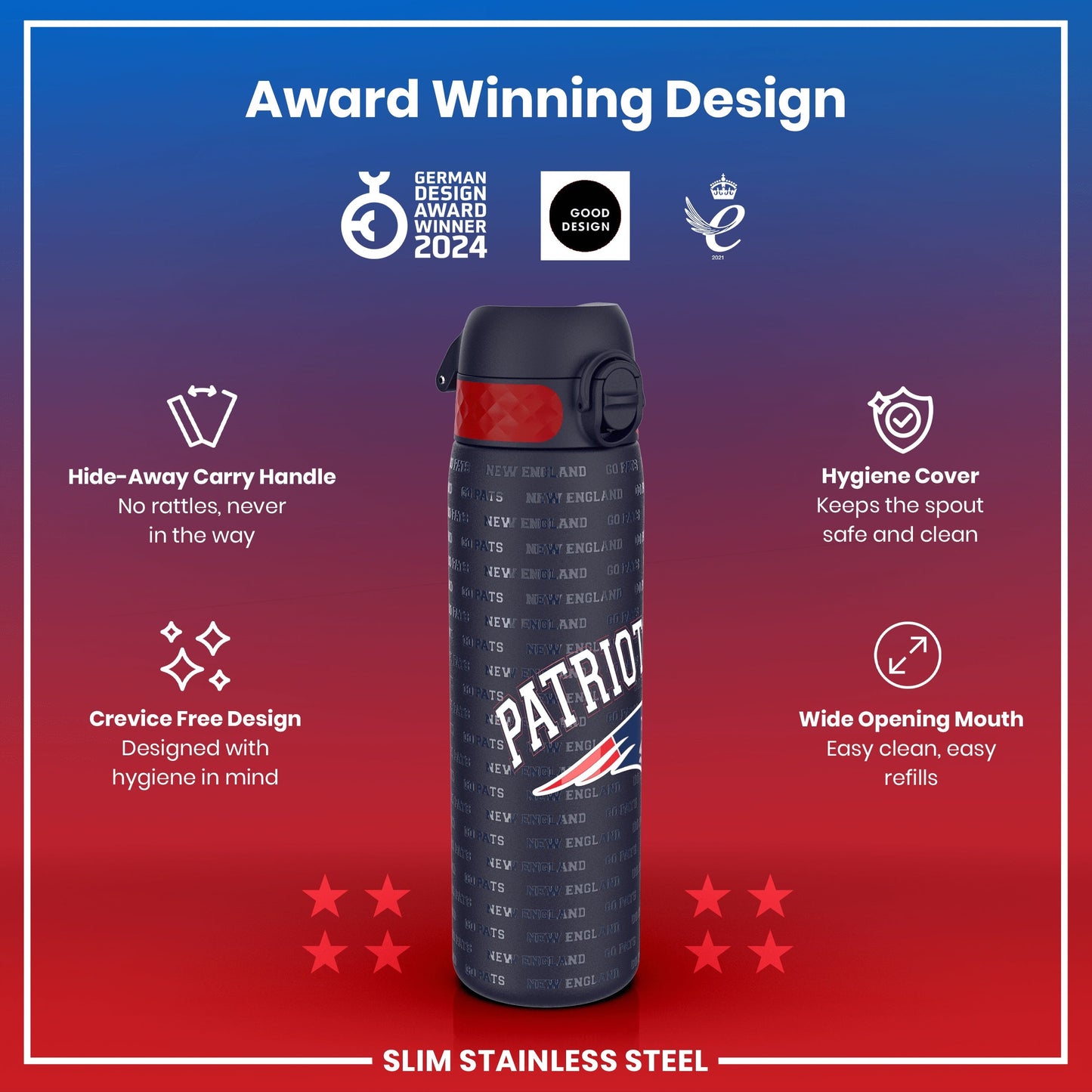Leak Proof NFL Water Bottle, Stainless Steel, New England Patriots, 600ml (20oz)