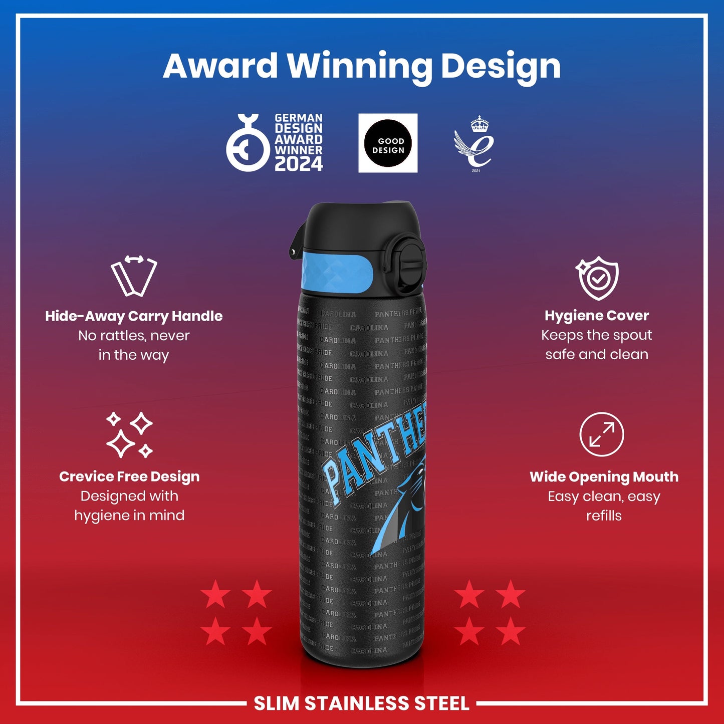 Leak Proof NFL Water Bottle, Stainless Steel, Carolina Panthers, 600ml (20oz)