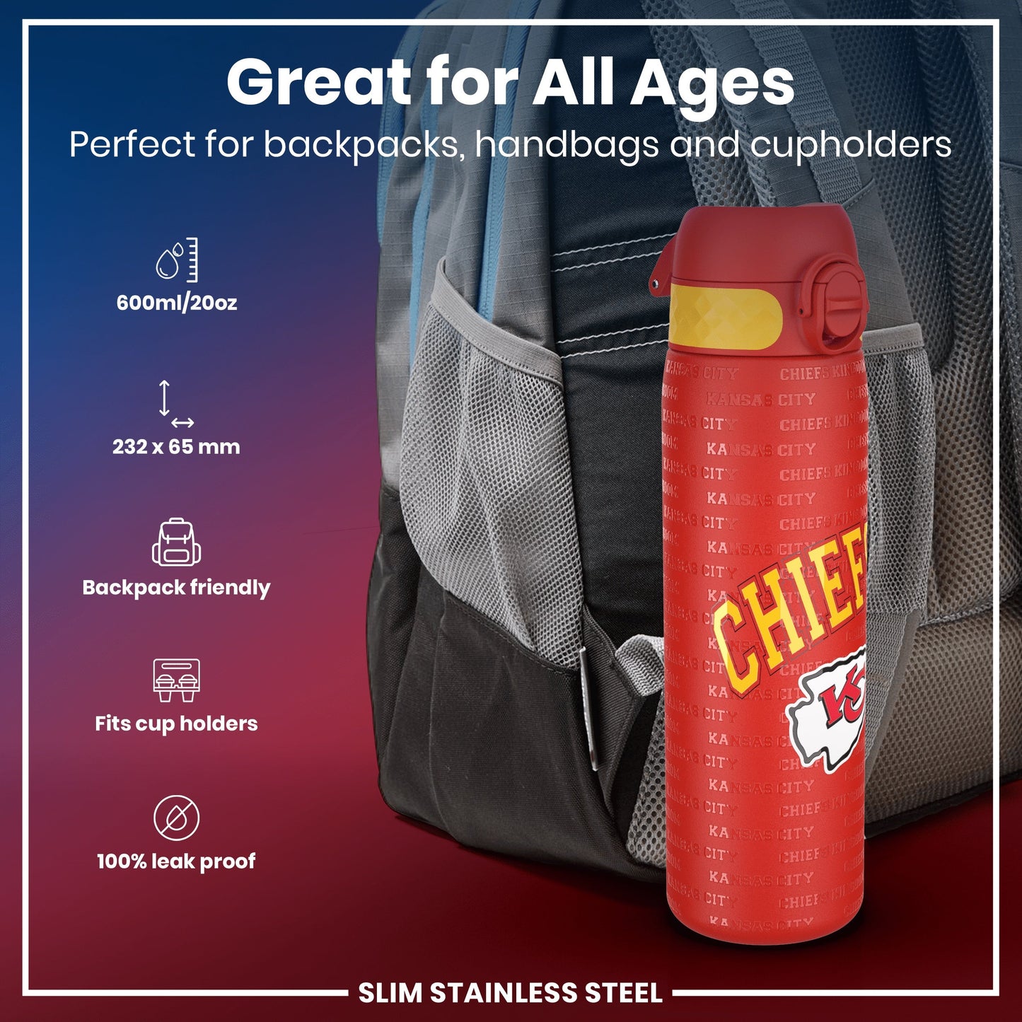 Leak Proof NFL Water Bottle, Stainless Steel, Kansas City Chiefs, 600ml (20oz)